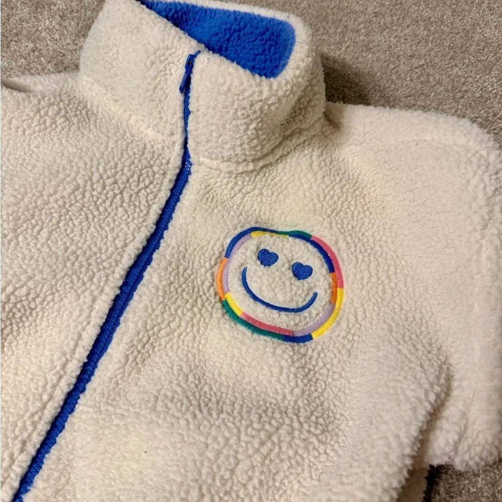 Old Navy Blue Sherpa Jacket Girls 8 Cream Lining Smiley Face